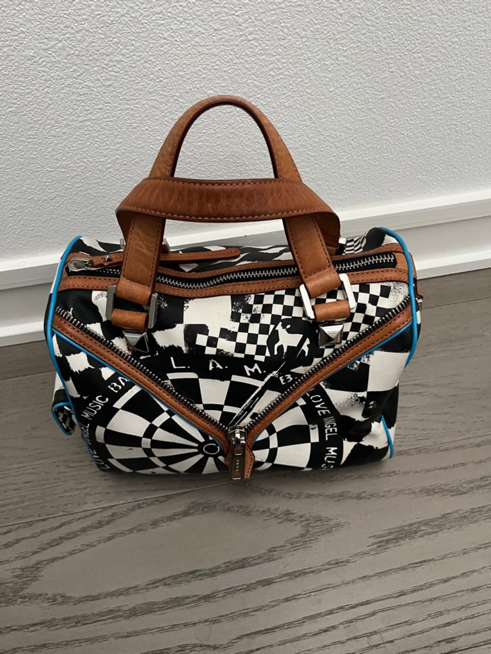 Y2k L.A.M.B. Speedy Black White Graphic Satchel with Brown Handles and Blue Trim
